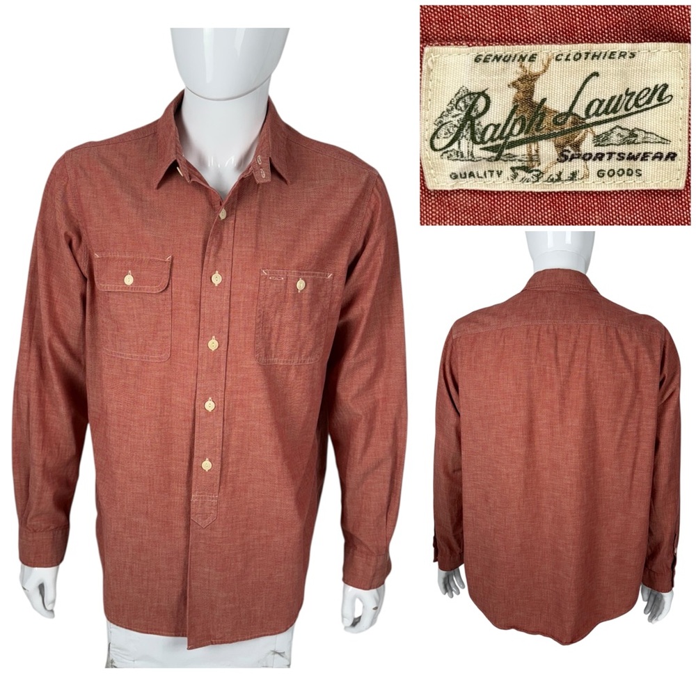 Polo Ralph Lauren Mens Large Shirt Red Salmon Chambray Workshirt 100% Cotton EUC
